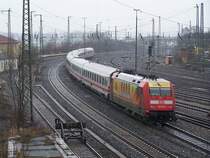 101 037-0  ARD-Buffet  ist mit dme IC 2069 auf der Fahrt nach N�rnberg Hbf. Hier am 21.02.08 bei der Ausfahrt aus Aalen.