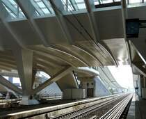 Auf diesem Bild sieht man die wuchtigen St�tzen unter der Fu�g�nger Br�cke des Bahnhofs von Li�ge Guillemins. Links im Bild erkennt man eine der gehbehinderten gerechten Rolltreppen. 17.02.08