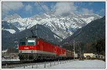1144 236 an der Spitze dieses G�terzuges, aufgenommen am 16.2.2008 zwischen Leogang und Saalfelden mit den Leoganger Steinbergen im Hintergrund.
