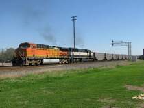 Die BNSF Loks 5651 (Dash 9) und 9671 (SD70MAC) schieben einen schweren und langen Ganzzug aus Kohlewagen nach. Aufgenommen am 11.3.2008 in Sealy.