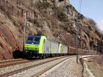 ...dieser G�terzug mit zwei Re 485 am 08.03.3008 unterhalb von Lalden auf  Geisterfahrt  die L�tschberg-S�drampe erklimmt.