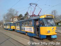 03.04.2007, T4D-M Wagen 2168 und 2033 als Zug der Linie 11 zwischen Haltestelle  Schkeuditz, Rathausplatz  und Wendestelle in Schkeuditz