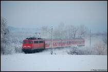 110 471-0 ist am 23.03.08 unterwegs mit RB 37150 von Donauw�rth nach Aalen, aufgenommen am Km 81,8 der Riesbahn (KBS 995) in H�he Frankenreute.