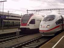 Der frisch getaufte ICE3 403 035  Konstanz  trifft in Konstanz auf einen ausfahrenden RABe 526  Seehas  nach Engen. Wie lange wird es dauern bis sich diese Situation wohl wiederholt? 19.04.08