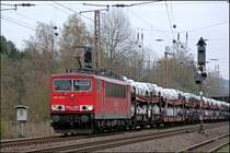 Einen Tag sp�ter wird die Seddiner 155 110 mit dem CSQ 60062  AUDI-EXPRESS  bei Plettenberg abgelichtet. (22.04.2008)

