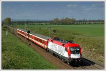 Am 20.4.2008 war 1116 021 den ganzen Tag auf den EuRegios zwischen Wien und Ungarn unterwegs. Sie wurde in der Kalenderwoche 16 in Ungarn anl�sslich des 15.000 Audizuges, welcher zwischen Gy�r in Ungarn und Ingolstadt verkehrt, mit diesen Folien beklebt. Mittlerweile wurden an den Stirnseiten die Folien wieder entfernt, damit die Loknummer wieder erkennbar ist. Die Aufnahme vom 20.4.2008 zeigt 1116 021 mit dem ER 9445 von Wien nach Gy�r kurz vor Gramatneusiedl.