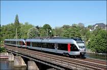 Zwei FLIRT&acute;s der ABELLIO RAIL NRW �berqueren als ABR99609, (RE16  Ruhr-Sieg-Express ) den Harkortsee bei Wetter(Ruhr) auf der Fahrt nach Essen Hbf. (12.05.2008)
