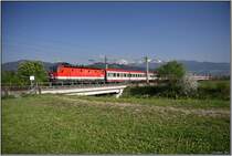 E-Lok 1044 005 f�hrt mit EC 31  Allegro Johann Strau�  von Wien S�d nach Venedig.
St.Margarethen 14.05.2008