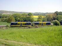 Burgenlandbahn 672 913-1  Der Querfurter  + 672 903-2  Stadt Nebra  als RB 25971 von Nebra nach Naumburg (Saale) Ost bei Laucha (Unstrut); 12.05.2008 (Foto: K.Pollm�cher)