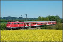 Am 11.05.08 zieht 110 484 ihre RB 37162 von Donauw�rth nach Aalen, aufgenommen am Km 81,8 der KBS 995 (Riesbahn) in H�he des ehem. Hp Frankenreute.