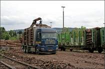 Der Fahrer des Lkw wartet darauf das er die Fracht auf die RAILTRANS-Waggons verladen kann. (23.05.2008 in Hemer)
