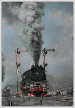 Nicht m�glich war es die Rauchfahne von  Ol49-7 auf das Bild zu bekommen. Diese polnische Dampflok wurde 1949 in der Lokfabrik Chrzanow konstruiert und bis 1954 insgesamt 115 Mal gebaut. In Wolsztyn sind Ol49-7 und -69 betriebsbereit und fahren t�glich Personenz�ge nach Leszno, Poznan oder Zbaszynek. Dampflokparade in Wolsztyn am 3.5.2008.
