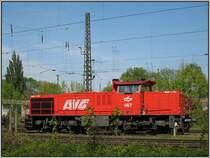 Die Lok 467 (Typ MaK G 1206) der Albtal Verkehrsgesellschaft steht am 04.05.2008 im Rangierbahnhof von Karlsruhe.
