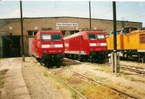 Das Bw Seddin ist Heimatbw f�r alle 145ziger.Im Sommer 1999 sind die 145 010(links) und die 145 016(rechts) in ihrem Heimatbw.