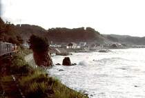 Diesellok DD51 am Japanischen Meer. DD51 1113 vor einem Post- und Personenzug beim Fischerdörfchen Orii zwischen Hamada und Masuda, 8.September 1983.
