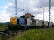 Eine modernisierte V100 der Connex f�hrt einen Ganzzug am Block Steinberg Richtung Sangerhausen, 8.07.2008