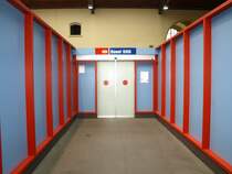 Ausgang: Wer durch die Schiebet�re aus Milchglas geht hat's durch den Zoll geschafft und befindet sich in der Schweiz. Fotografiert am 6. Juli 2008 im Bahnhof  Basel SNCF .