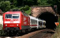 120 501 hat am 15.07.08 einen Desiro ML am Haken und ist als Messfahrt Richtung Kaiserslautern bei Frankenstein unterwegs. 