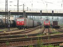 180 015-0 wartet mit einem G�terzug auf Ausfahrt w�hrend 145 008-9 mit ihrem G�terzug Dresden Friedrichstadt erreicht.24.05.08. 