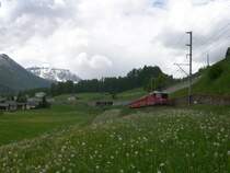 Rh�tische Bahn 2008 - Nachschuss auf den R 1933 am 06.08.08 bei Cinuos-chel Brail. In K�rze wird er den gleichnamigen Bahnhof erreichen. Es schiebt Ge 4/4 613  Domat (Ems) .