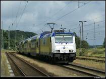 Was au�ergew�hnliches gab es am 28.06.08 zu sehen als sich ein Metronom mit der 146 537 auf die Insel R�gen verirrte. Aufgenommen in Lietzow. 