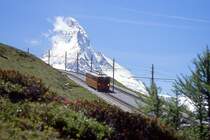 MGB GGB - Regionalzug 238b von Gornergrat nach Zermatt am 29.06.2007 oberhalb Riffelalp mit Bhe 2/4 3019 - Hinweis: Blick Matterhorn
