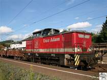 Lok 2, eine ehemalige V 60 der DR, des Uwe Adam Eisenbahnverkehrsunternehmen durchfuhr mit einen kurzen Halt am 3. August 2008 den Bahnhof Pressig-Rothenkirchen.