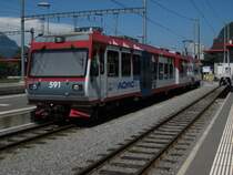 Der Beh 4/8 591 der TPC AOMC steht in Aigle bereit zur Fahrt nach Monthey. Wegen Bauarbeiten werden die Z�ge zwischen Monthey und Champ�ry durch Busse ersetzt. Warum diese Arbeiten gerade in der Ferienzeit ausgef�hrt werden weiss ich nicht. (26.Juli 2008)