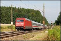 Die 101 087 zieht einen InterCity in Richtung M�nchen. Aufgenommen im Juli 2008 bei Beimerstetten.