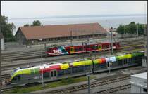 Der BDeh 3/6 25 der RHB und der neue Flirt ETR 150 001 stammen benfalls beide von Stadler Rail. Rorschach (16.08.2008)