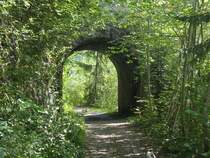 ehemalige Bregenzerwaldbahn, km 18,3. Unmittelbar nach dem ehemaligen Bahnhof Langenegg-Krumbach fuhr die Bregenzerwaldbahn unter der Strassenbr�cke �ber die Bregenzerache durch. F�r diesen Zweck wurde der hier abgebildete kurze Tunnel unterhalb der Br�cke gebaut.