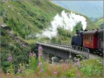 Am 01.08.08 bef�hrt die DFB Dampflok N� 1 die Wilerbr�cke �ber die Furkareuss talabw�rts in Richtung Realp. (Jeanny)