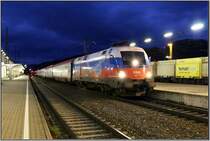 Abendaufnahme der EM-Lok 1116 084 Russland welche mit EC 631  Alpen Adria Universit�t Klagenfurt  von Wien S�d nach Villach f�hrt.
Knittelfeld 20.09.2008