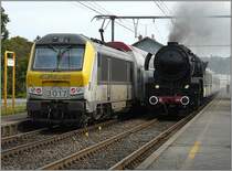 Au�ergew�hnliche Zugbegegnung am 21.09.08! E-Lok 3017 hat ihren Zug aus Richtung Kleinbettingen in den Bahnhof Capellen geschoben, w�hrend die Dampflok 5519 soeben mit ihren  Wegm�nnern  dort ankommt. (Jeanny)