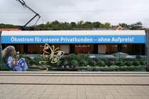 Mittelteil des Wagens 1002 der Saarbahn in der Seitenansicht: er wirbt f�r den st�dtischen Energieversorger und zeigt ein Panorama des Saarbr�cker Saarufers - meiner Meinung nach eine sch�ne Lackierung (08.10.2008).