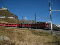 Die Triebwagen ABe 4/4 53 und 54 fahren mit einem Regionalzug durch die Aussichtskurve Richtung Tirano. Alp Gr�m, 9. Oktober 2008