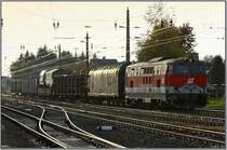 Diesellok 2143 045 f�hrt mit einem gemischten G�terzug in den Zeltweger Bahnhof ein.
15.10.2008