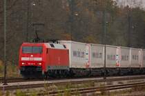 152 141-8 zieht einen KLV-Zug, beladen mit  EKOL -Wechselpritschen, �ber die KBS 980 Richtung M�nchen. (24.10.2008).