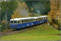 Drei Uerdinger Schienenbusse 5081 562,563,564 fahren von Eisenerz nach Vordernberg Markt.Hier befahren sie den Franzosenbichl bei Eisenerz.
25.10.2008
