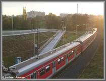 Diese Aufnahme mit dem Blick von hinten auf die ausfahrende S3 nach Bad Soden mit 420 303 und 420 297 habe ich am 02.11.2008 gemacht, um die grossz�gig angelegte Rampe von der Fussg�nger�berf�hrung zum Bahnsteig der neuen S-Bahn-Station Schwalbach Nord ins Bild zu setzen. Eine kleine Besonderheit ist, am Rande erw�hnt, das Dach des hinteren 420, das hellgrau abgesetzt ist. 