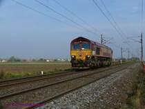Die private Class66 der EuroCargoRail ECR66022 unter Fahrdraht unterwegs nach S�den auf der els�ssischen Hauptbahn.

11.10.2008 bei Lipsheim