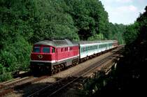 Am 8. August 1999 faehrt 234 597-3 mit einer Regionalbahn aus Zittau durch Waelder zwischen Arnsdorf und Radeberg.