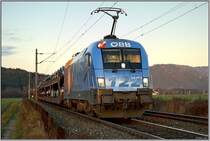 Werbetaurus 1116 250 Feuerwehr f�hrt mit Autozug 46765 von Breclav nach Tarvisio Boscoverde. 
St Lorenzen 9.11.2008