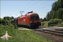 1116 216 legt sich mit einem Frachtzug bei Vogl in die Kurve. 
