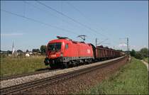 1116 198 pr�sentiert sich im sauberen Pflegezustand der Mittagssonne bei Osterm�nchen. Am 10.07.2008 schleppt sie einen G�terzug nach M�nchen.
