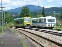 VT 15 und VT 09 (ehemaliger ETA 150, sp�tere Baureihe 515) im Sommer 2004 abgestellt im Bahnhof Zwiesel.