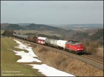 232 510 kommt hier mit FIR51736 N�rnberg - Seddin an den Ruppertsgr�ner H�hen im sch�nen Vogtland vorbei, 04.03.09.