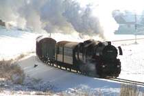 Winterdampf in der Steiermark: Tag 3 der IGE Bahntouristikreise f�hrte die Reisegesellschaft am 8.2.2005 in die Weststeiermark. Daf�r wurden 2 Zugpaare in Gang gesetzt. Die Brennerlok 52.1227 zog einen Gmp und die GKB Lok 671 (Bj 1860!) zog einen Personenzug. In den Bahnh�fen standen zahlreiche gegenseitige �berholman�ver am Programm: Auf dem Foto hier befindet sich 52.1227 kurz vor Gro� St. Florian