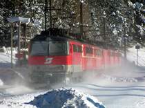 Ein 7-fach Lokzug bei der R�ck�berf�hrung von M�rzzuschlag nach Gloggnitz am 5.2.2005 bei der Durchfahrt in Breitenstein