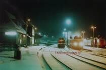 Bahnhof Lobenstein im Winter 1998. Drei Baureihen sind hier in der K�lte beisammen, 219, 228 und 202. Aus der Diakiste....